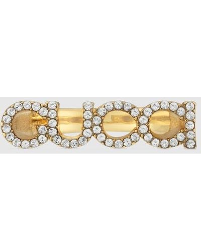 Gucci Logo-script Crystal-embellished Antique Gold-toned Metal Ring - Metallic