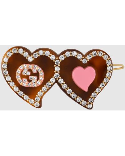 Gucci Hair Clip With GG And Hearts - Brown
