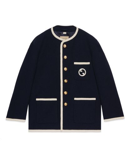 Gucci Retro Tweed Jacket With Embroidery - Blue