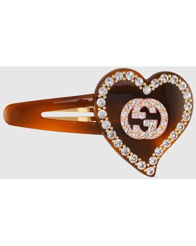 Gucci Hair Clip With GG And Heart Detail - Brown