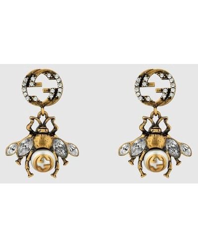 Gucci Bee-motif Aged Gold-toned Crystal And Faux-pearl Earrings - Metallic
