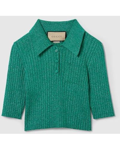 Gucci Rib Lamé Cropped Polo Shirt - Green