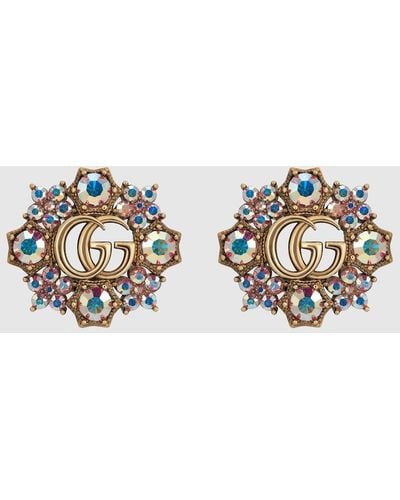 Gucci Double G Crystal Flowers Earrings - Metallic