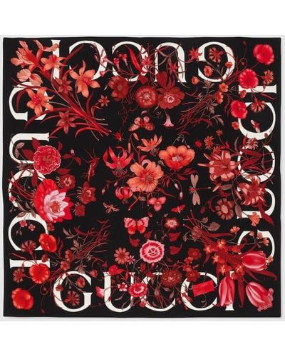 Gucci Floral Print Silk Carré - Red