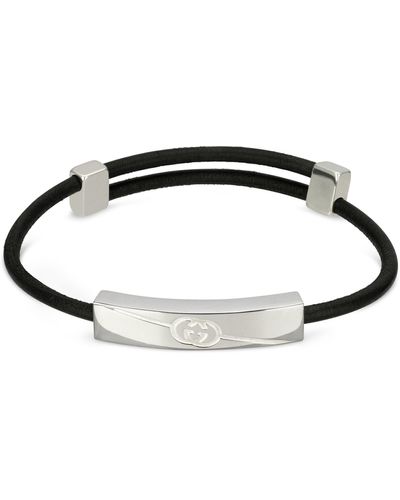 Gucci Diagonal Engraved-interlocking G Sterling And Leather Bracelet - Metallic