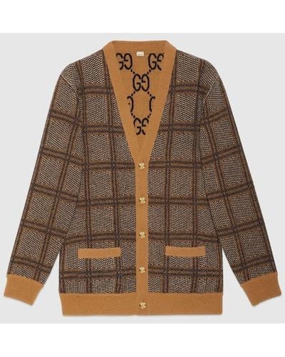 Gucci Reversible Checked Wool Cardigan - Brown