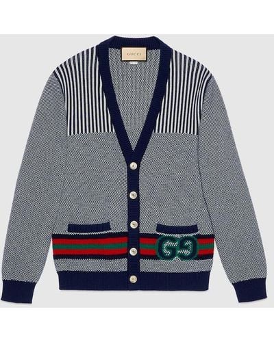 Gucci V-neck Monogram-print Cotton And Wool-blend Cardigan - Blue