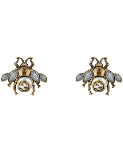 Gucci Bee Crystal And Pearl Embellished Earrings - Metallic