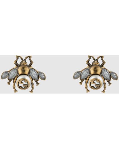 Gucci Bee Crystal And Pearl Embellished Earrings - Metallic