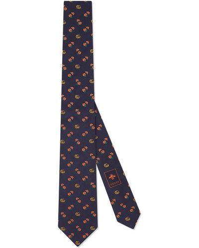 Gucci Double G And Flowers Silk Jacquard Tie - Blue