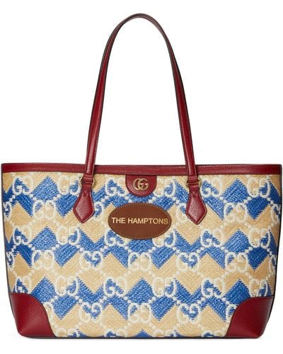 Gucci 'the Hamptons' Straw Effect Tote Bag - Blue