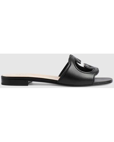 Gucci Interlocking G Cut-out Leather Sliders - Black