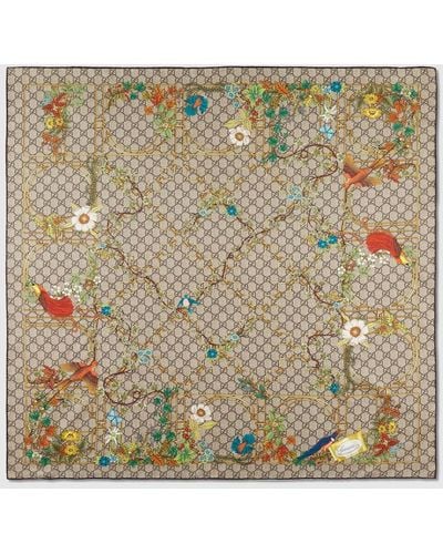 Gucci Animal And Floral Print Silk Carré - Natural