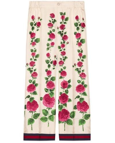 Gucci Rose Garden Print Silk Pajama Pants - Pink