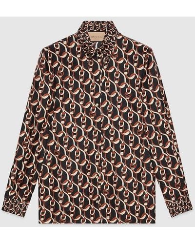 Gucci Interlocking G Chain Print Silk Shirt - Brown