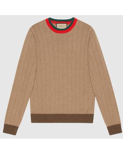 Gucci Rib Knit Camel Sweater With Web - Brown