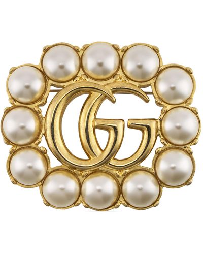 Gucci Pearl Double G Brooch - Metallic