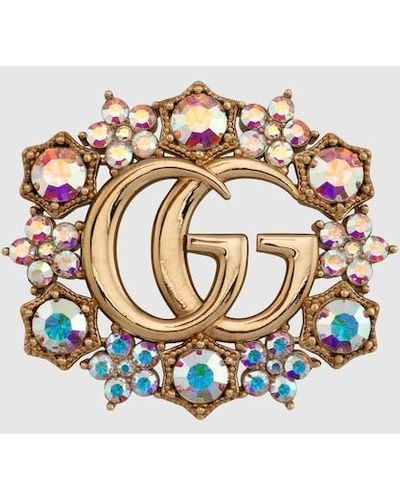 Gucci Double G Crystal Flower Brooch - Metallic