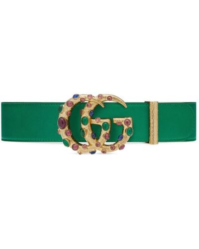Gucci Leather Belt With Crystal Double G Buckle - Green
