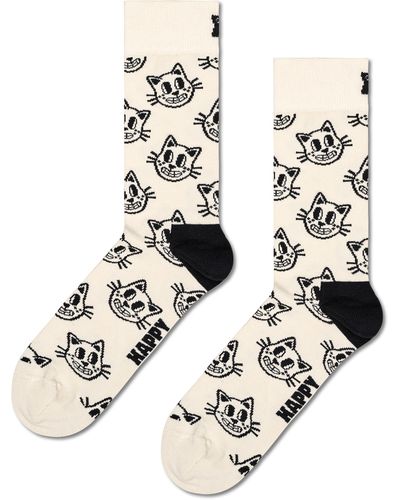 Happy Socks Beige Cat Crew Socken - Weiß