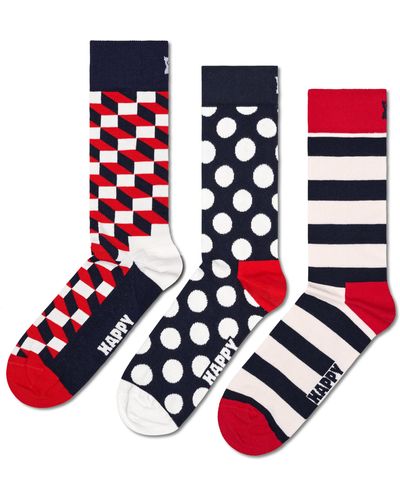 Happy Socks Marineblaues 3er-Pack klassische gefüllte Optik Crew Socken - Rot