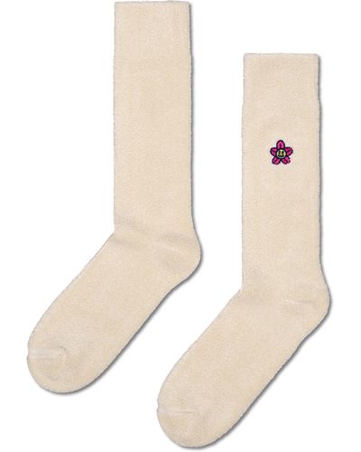 Happy Socks Beige Embroidered Flower Crew Socken - Natur
