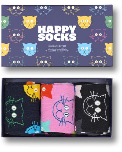 Happy Socks 3er-Pack Mixed Cat Crew Socken Geschenk-Set - Blau