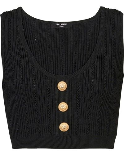 Balmain Knitted Button-detail Crop Top - Black