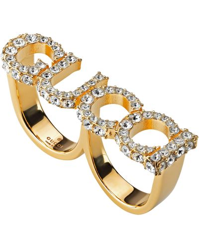Gucci Embellished Logo Double-finger Ring - Metallic