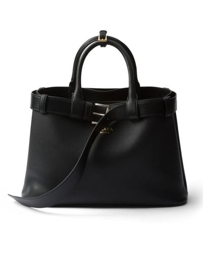 Prada Medium Leather Buckle Tote Bag - Black