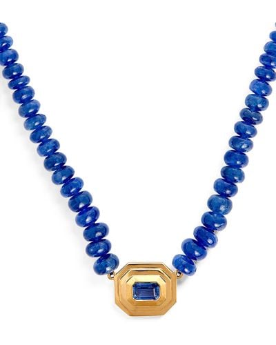 Azlee Yellow Gold And Sapphire Beaded Staircase Necklace - Blue