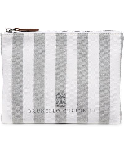 Brunello Cucinelli Medium Canvas Striped Pouch - White