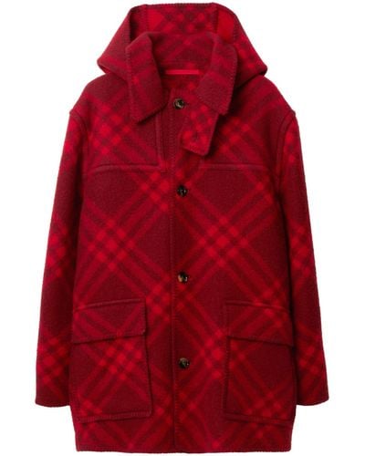 Burberry Wool Check Parka - Red