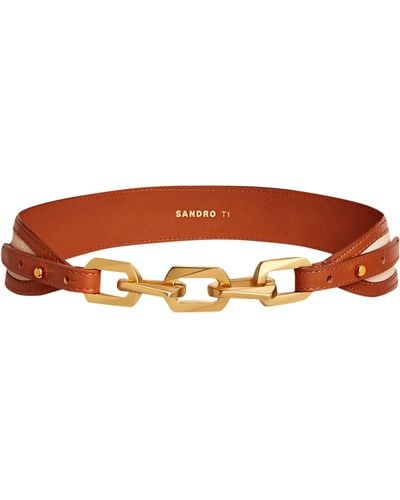 Sandro Leather And Canvas Belt With Chain - Natural