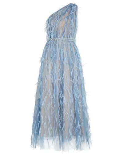Marchesa Feather-detail One-shoulder Midi Dress - Blue