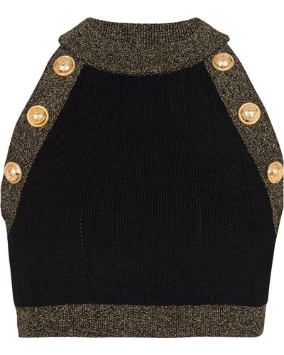 Balmain Knitted Button-detail Crop Top - Black