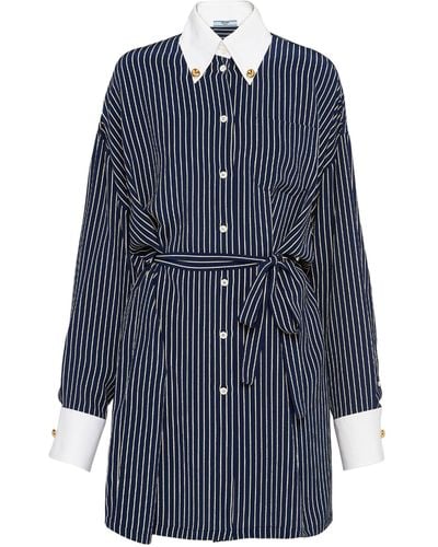 Prada Silk Striped Mini Shirt Dress - Blue