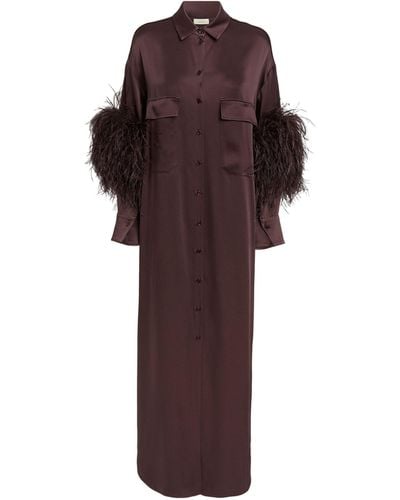 LAPOINTE Satin Feather-trim Shirt Dress - Brown