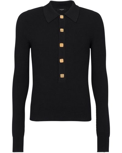 Balmain Wool Long-sleeve Polo Shirt - Black