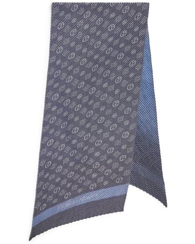 Giorgio Armani Silk-wool Blend Pleated Monogrammed Scarf - Blue