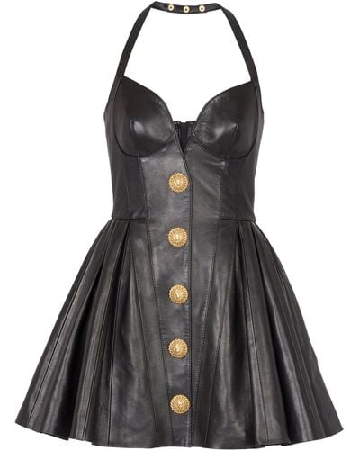 Balmain Leather Halterneck Mini Dress - Black