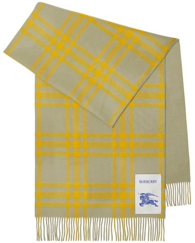 Burberry Cashmere Reversible Check Print Scarf - Yellow