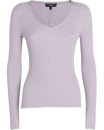 Theory Wool-blend Ribbed V-neck Jumper - Purple