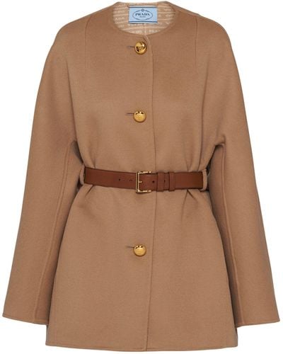Prada Wool-silk Belted Coat - Brown