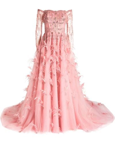 Pamella Roland Feather-trim Embellished Gown - Pink