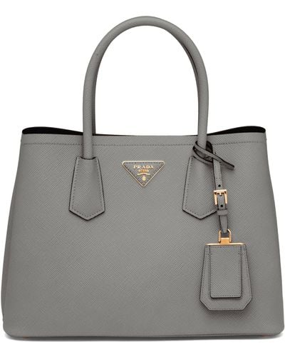 Prada Small Leather Saffiano Double Top-handle Bag - Grey