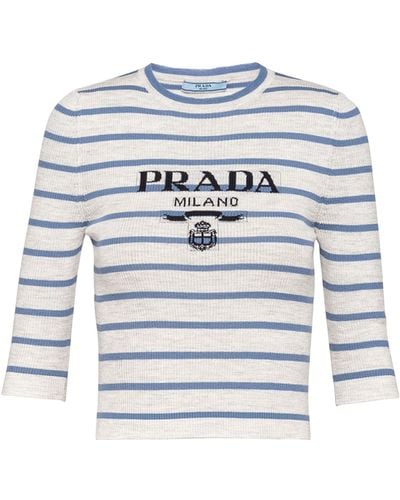 Prada Wool Striped Logo Sweater - Blue