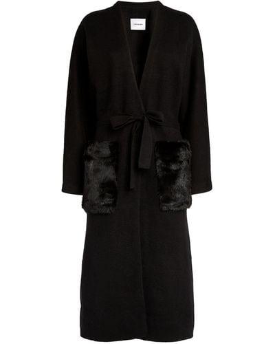 Yves Salomon Fur-trim Knitted Coat - Black