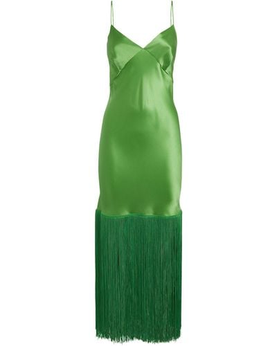 Olivia Von Halle Silk Fringed Zoya Midi Dress - Green