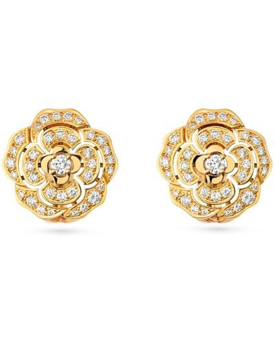 Chanel Yellow Gold And Diamond Camélia Earrings - Metallic